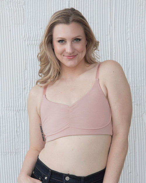 Sand / Implants & pocketed full coverage t-shirt bra with soft wire free cups, back hook closure and adjustable straps on implant model.