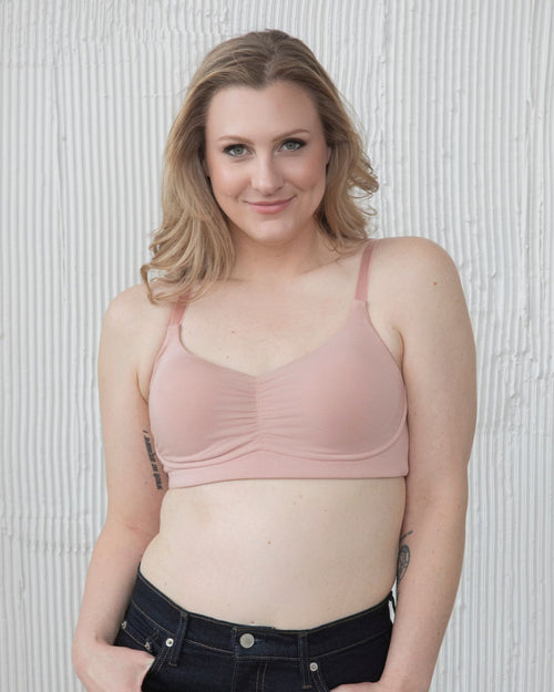 Sand / Implants & pocketed full coverage t-shirt bra with soft wire free cups, back hook closure and adjustable straps on implant model.