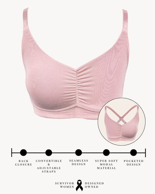 Sand / Implants & pocketed full coverage t-shirt bra with soft wire free cups, back hook closure and adjustable straps on implant model.