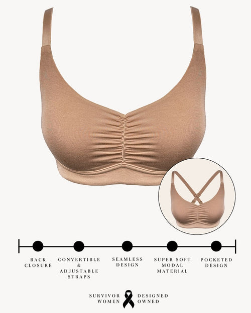 Sand / Implants & pocketed full coverage t-shirt bra with soft wire free cups, back hook closure and adjustable straps on implant model.