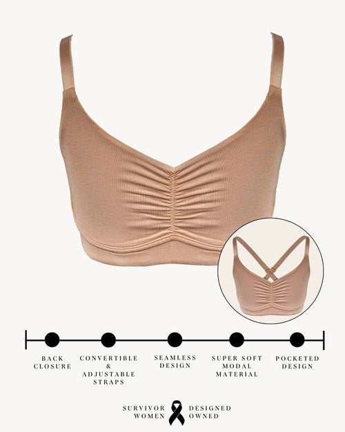 Sand / Implants & pocketed full coverage t-shirt bra with soft wire free cups, back hook closure and adjustable straps on implant model.