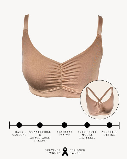 Sand / Implants & pocketed full coverage t-shirt bra with soft wire free cups, back hook closure and adjustable straps on implant model.