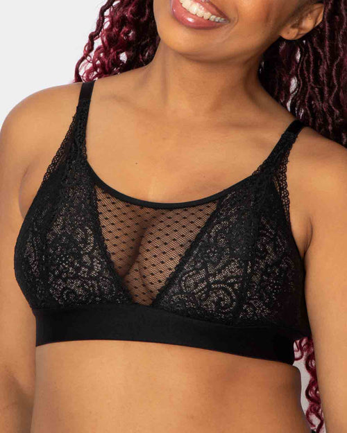 Black / Lumpectomy & pocketed high cut neck lace bralette on lumpectomy model chest view