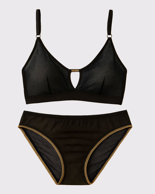 Black & Victoria Mesh Keyhole Bralette with the matching Mesh keyhole brief flat lay image