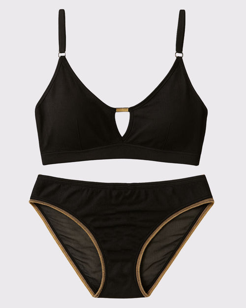 Black & Victoria Mesh Keyhole Bralette with the matching Mesh keyhole brief flat lay image