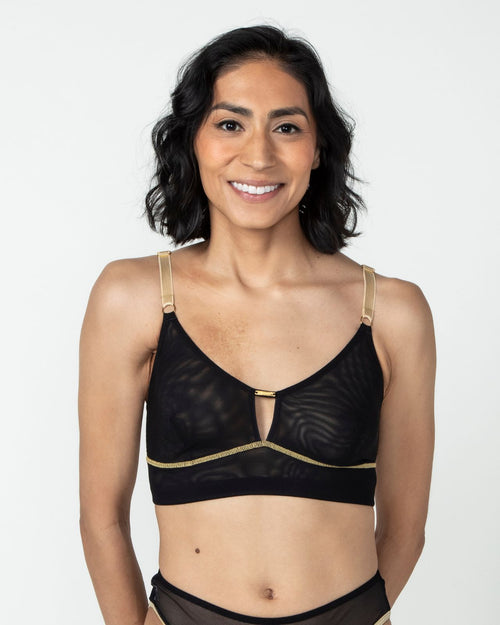 Black / Implants & model wearing the Victoria Pocketed Keyhole bralette with gold lace trim and gold jewel that says anaono