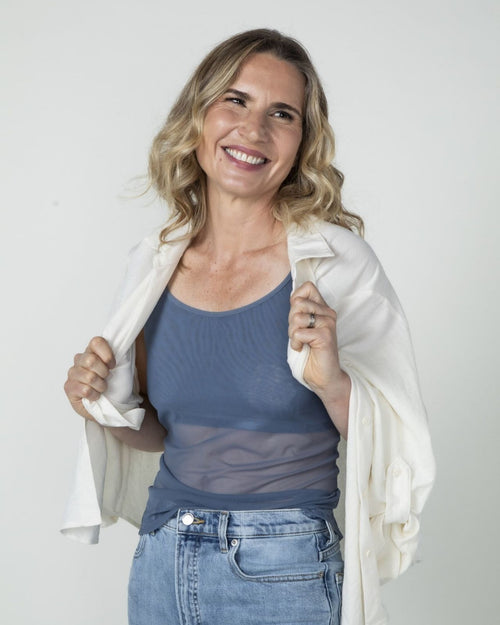 Slate / Implants & pocketed mesh camisole with built in shelf bra for extra support, semi sheer lightweight fabric front view