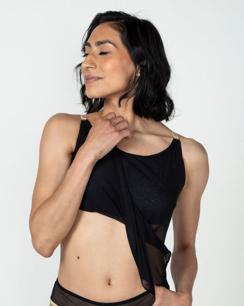 Black / Lumpectomy & pocketed mesh camisole with built in shelf bra for extra support, semi sheer lightweight fabric front view
