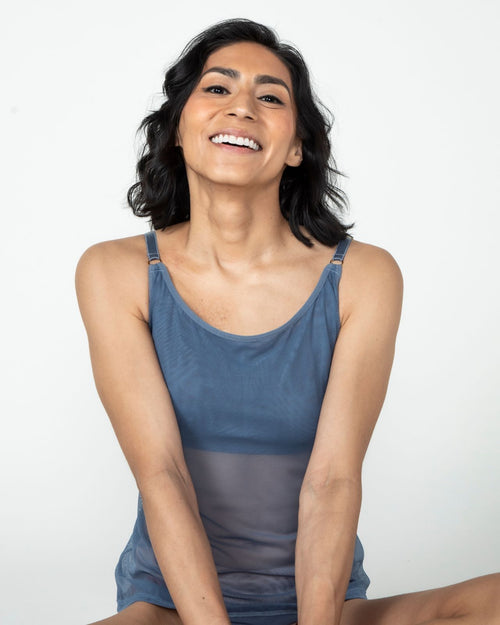 Slate / Implants & pocketed mesh camisole with built in shelf bra for extra support, semi sheer lightweight fabric front view