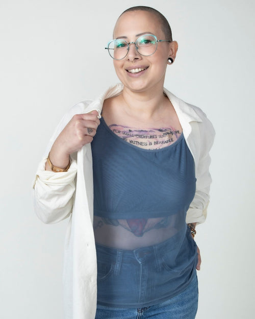 Slate / Implants & pocketed mesh camisole with built in shelf bra for extra support, semi sheer lightweight fabric front view