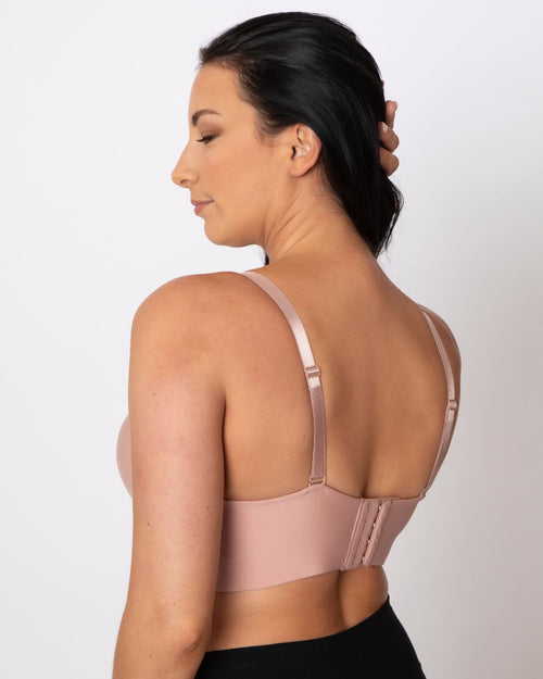 Blush / Implants & molded cup bra contour chest with adjustable straps on implant reconstruction model back view