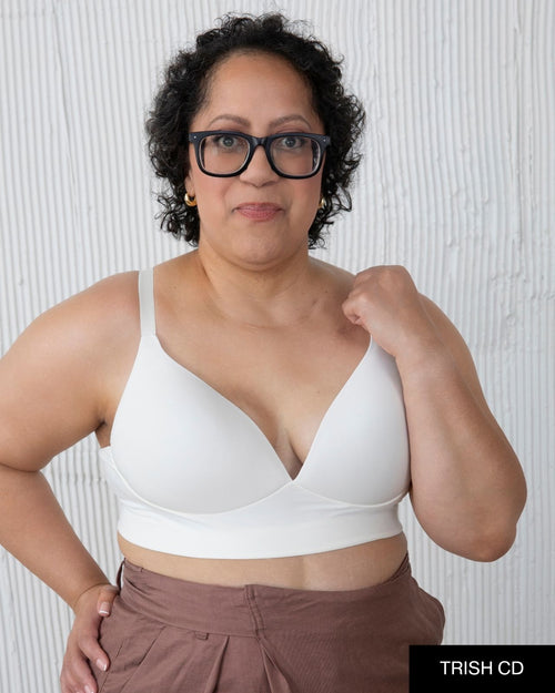 Ivory / Au Natural & molded cup bra contour chest with adjustable straps on au natural model front view