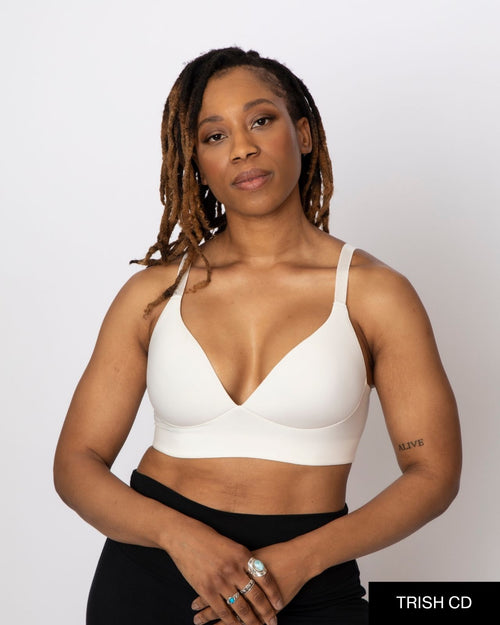 Ivory / Au Natural & molded cup bra contour chest with adjustable straps on au natural model front view