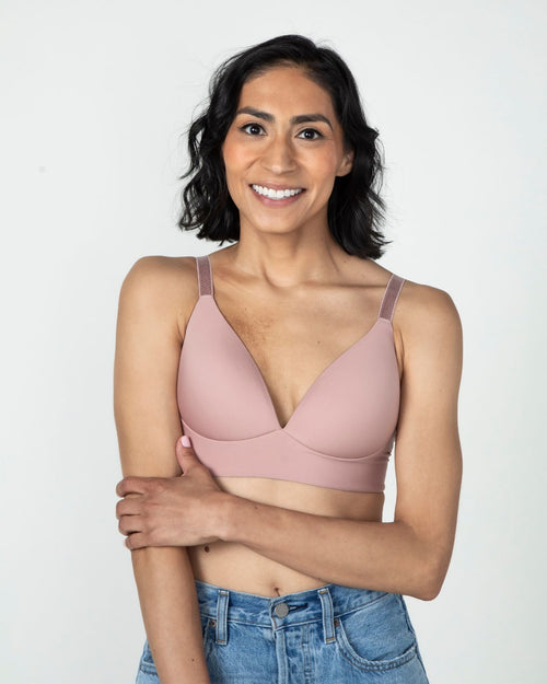 Brandy / Au Natural & molded cup bra contour chest with adjustable straps on au natural model front view