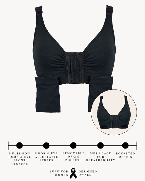 Black & pocketed front closure post surgical bra with model holding drain in drain pocket that is detachable