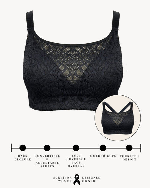 Black / Mastectomy & pocketed lace molded cup bra on mastectomy model, pocketed for breast forms front view of model