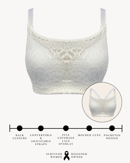 Ivory / Flap Reconstruction & pocketed lace molded cup bra on flap reconstruction model, pocketed for breast forms front view of model