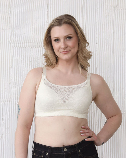 Ivory / Flap Reconstruction & pocketed lace molded cup bra on flap reconstruction model, pocketed for breast forms front view of model
