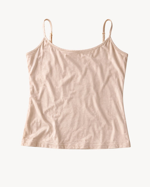 Almond & flat lay of the cotton camisole with built in shelf bra that comes pocketed for breast forms