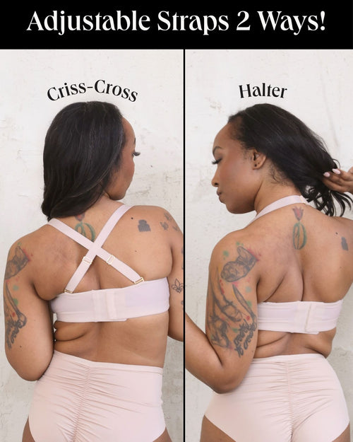 Latte / Mastectomy & back view of the Lexi full coverage scoop neck bra in latte, showing the smooth neckline and wide, comfortable straps