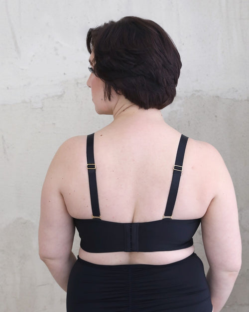 Black / Mastectomy & Front view of the Lexi full coverage scoop neck bra in black, showing the smooth neckline and wide, comfortable straps