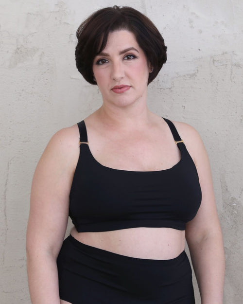 Black / Mastectomy & Front view of the Lexi full coverage scoop neck bra in black, showing the smooth neckline and wide, comfortable straps