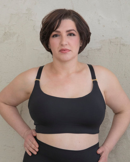 Black / Mastectomy & Front view of the Lexi full coverage scoop neck bra in black, showing the smooth neckline and wide, comfortable straps front view