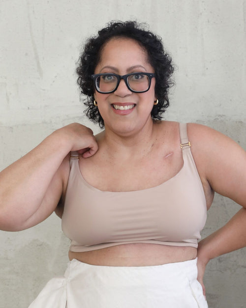 Latte / Mastectomy & Front view of the Lexi full coverage scoop neck bra in latte, showing the smooth neckline and wide, comfortable straps