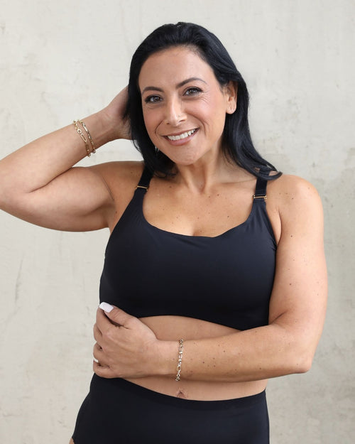 Black / Mastectomy & Front view of the Lexi full coverage scoop neck bra in black, showing the smooth neckline and wide, comfortable straps