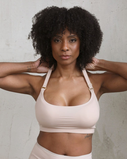 Latte / Mastectomy & back view of the Lexi full coverage scoop neck bra in latte, showing the smooth neckline and wide, comfortable straps