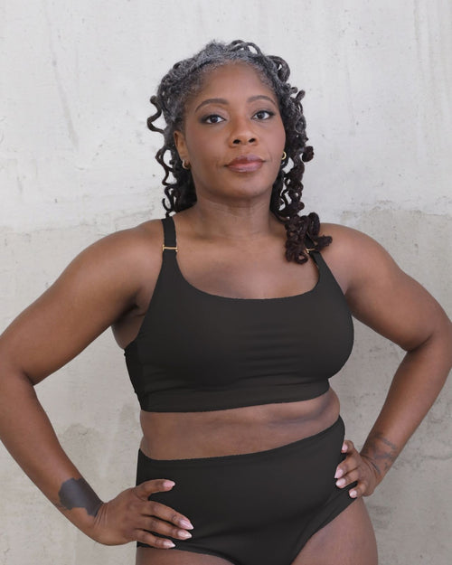Black / Mastectomy & Front view of the Lexi full coverage scoop neck bra in black, showing the smooth neckline and wide, comfortable straps
