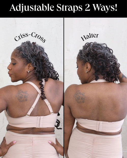 Latte / Mastectomy & back view of the Lexi full coverage scoop neck bra in latte, showing the smooth neckline and wide, comfortable straps