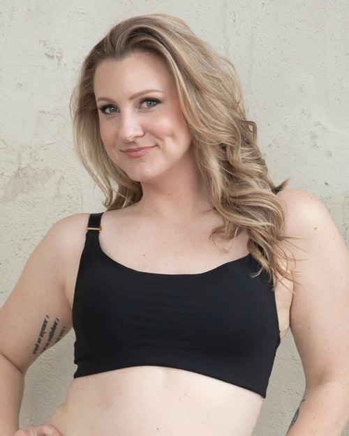 Black / Mastectomy & Front view of the Lexi full coverage scoop neck bra in black, showing the smooth neckline and wide, comfortable straps front view