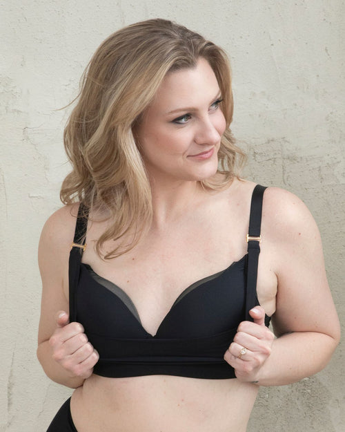 Black / Mastectomy & Front view of the Lexi full coverage scoop neck bra in black, showing the smooth neckline and wide, comfortable straps close up