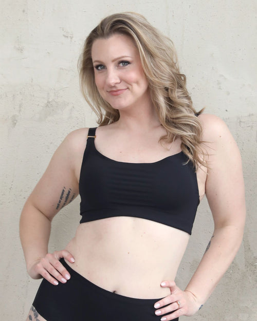 Black / Mastectomy & Front view of the Lexi full coverage scoop neck bra in black, showing the smooth neckline and wide, comfortable straps