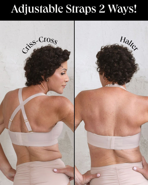 Latte / Mastectomy & back view of the Lexi full coverage scoop neck bra in latte, showing the smooth neckline and wide, comfortable straps