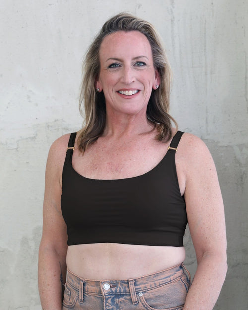 Black / Mastectomy & Front view of the Lexi full coverage scoop neck bra in black, showing the smooth neckline and wide, comfortable straps