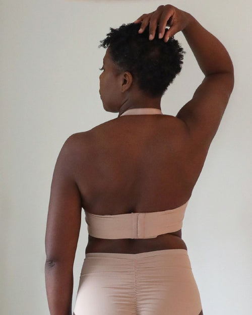 Latte / Mastectomy & back view of the Lexi full coverage scoop neck bra in latte, showing the smooth neckline and wide, comfortable straps