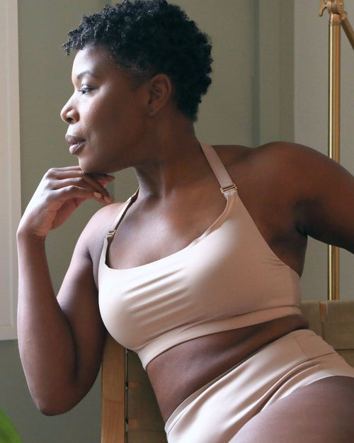 Latte / Mastectomy & Front view of the Lexi full coverage scoop neck bra in latte, showing the smooth neckline and wide, comfortable straps
