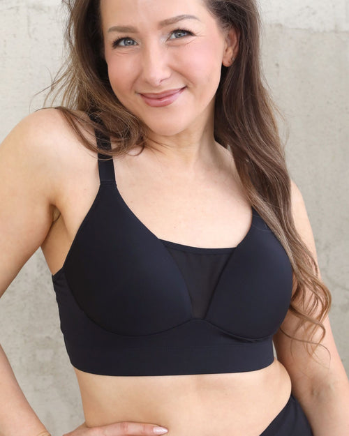 Latte / Implants & Front view of the Brenda Pocketed Mesh Bra in latte, featuring a sheer V-neckline and a smooth, sheer wire-free plunge bra silhouette.