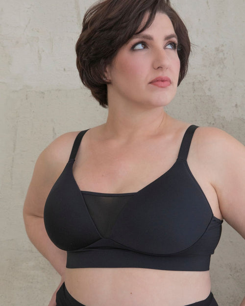 Latte / Implants & Front view of the Brenda Pocketed Mesh Bra in latte, featuring a sheer V-neckline and a smooth, sheer wire-free plunge bra silhouette.