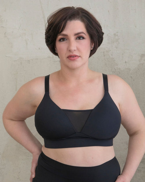 Latte / Implants & Front view of the Brenda Pocketed Mesh Bra in latte, featuring a sheer V-neckline and a smooth, sheer wire-free plunge bra silhouette.