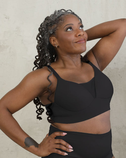 Latte / Implants & Front view of the Brenda Pocketed Mesh Bra in latte, featuring a sheer V-neckline and a smooth, sheer wire-free plunge bra silhouette.