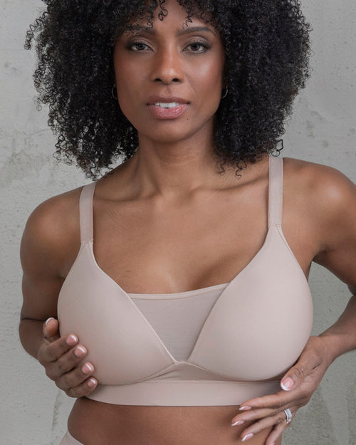 Latte / Implants & Front view of the Brenda Pocketed Mesh Bra in latte, featuring a sheer V-neckline and a smooth, sheer wire-free plunge bra silhouette.