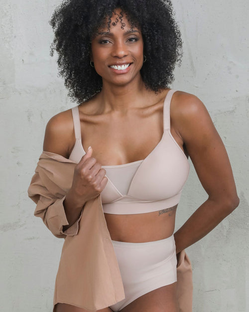 Latte / Implants & Front view of the Brenda Pocketed Mesh Bra in latte, featuring a sheer V-neckline and a smooth, sheer wire-free plunge bra silhouette.