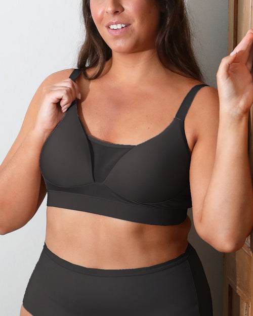 Latte / Implants & Front view of the Brenda Pocketed Mesh Bra in latte, featuring a sheer V-neckline and a smooth, sheer wire-free plunge bra silhouette.