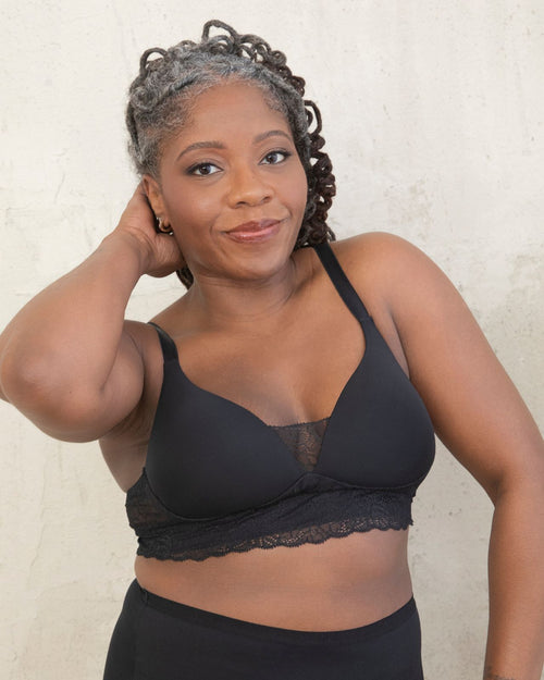 Petal / Implants & model wearing the new Tracy Lace Molded Cup bra, designed to mold and contour to you and your chest front view