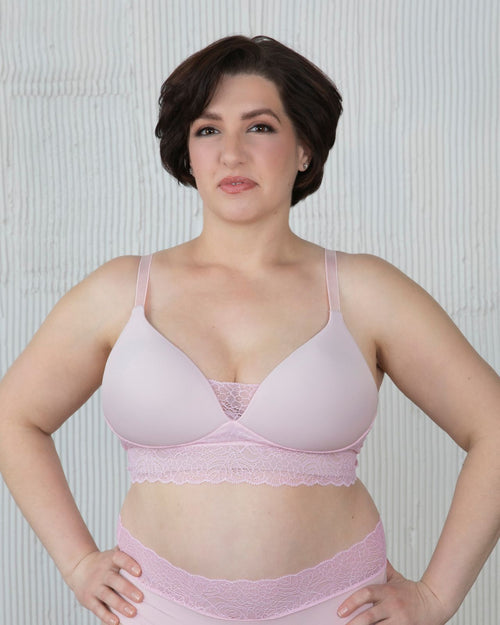 Petal / Implants & model wearing the new Tracy Lace Molded Cup bra, designed to mold and contour to you and your chest front view