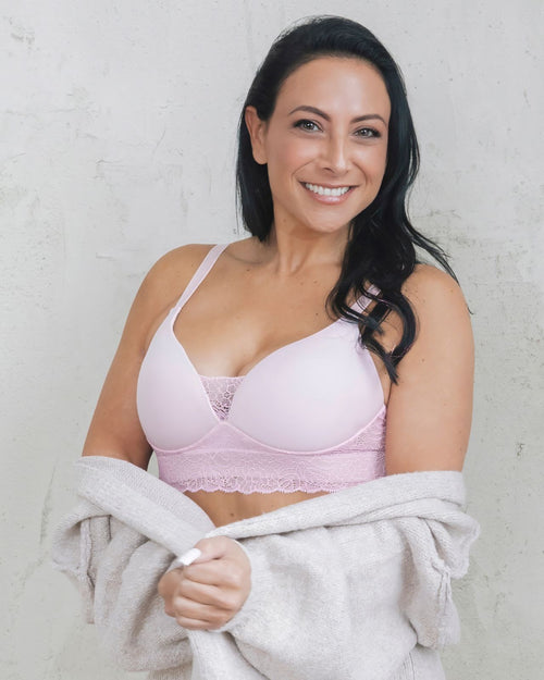 Petal / Implants & model wearing the new Tracy Lace Molded Cup bra, designed to mold and contour to you and your chest front view