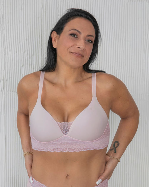 Petal / Implants & model wearing the new Tracy Lace Molded Cup bra, designed to mold and contour to you and your chest front view
